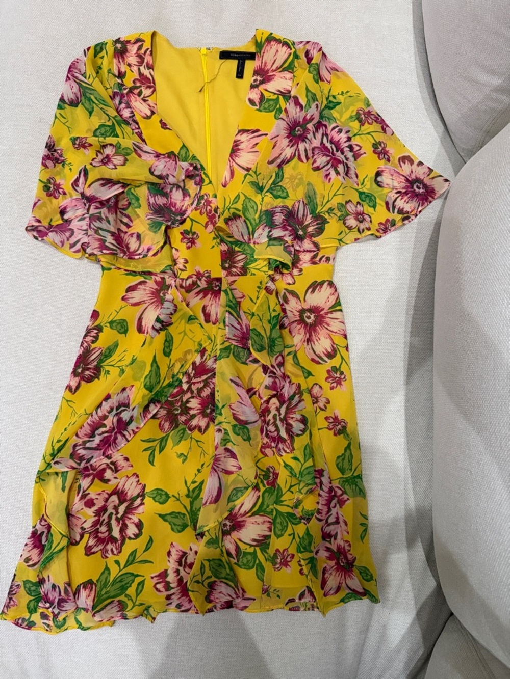 BCBGMaxAzria Yellow Floral Dress with Pink & Green Accents